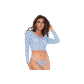 Ensemble 2 pièces en dentelle bleue pastel, crop top et string 
